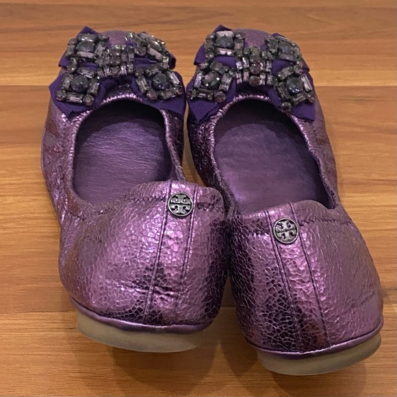 TORY BURCH Azalea Jeweled Bow Metallic Purple Ballerina Ballet Flats Size 8.5M - Picture 3 of 16